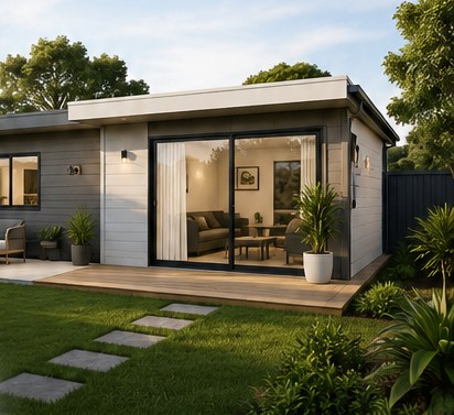 Modern secondary dwelling in a landscaped backyard